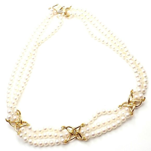 Authentic! Tiffany & Co 18k Yellow Gold Diamond 3 Strand Pearl Necklace - Picture 6 of 10
